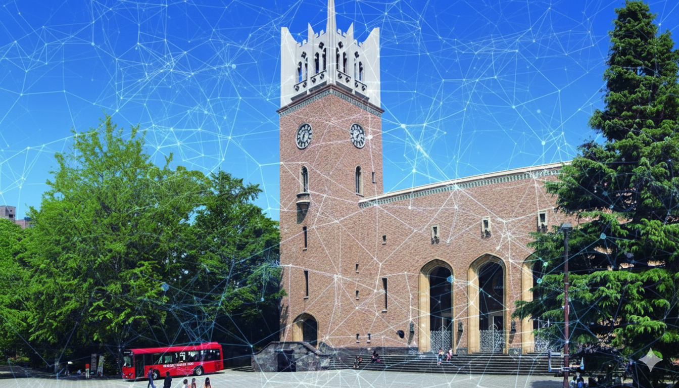 早稲田大学大隈講堂とAIネットワークのイメージ